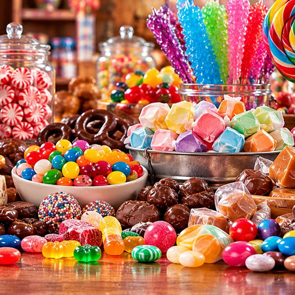 Jars and bowls of colorful candy, taffy and lollipops