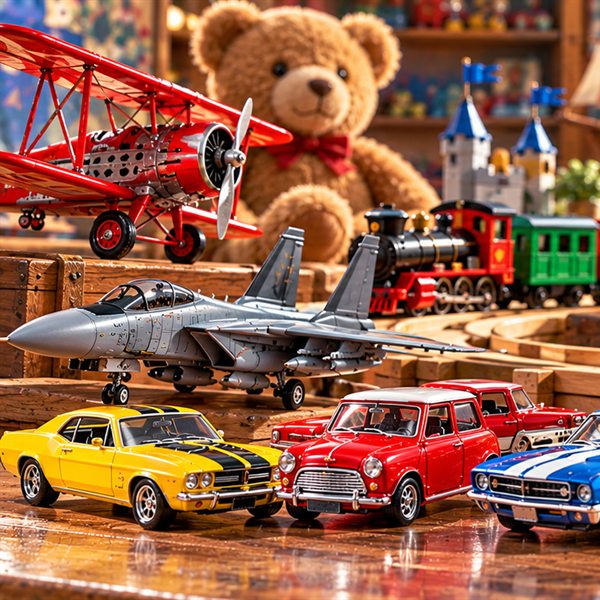 A red biplane, teddy bear, toy train and die-cast cars