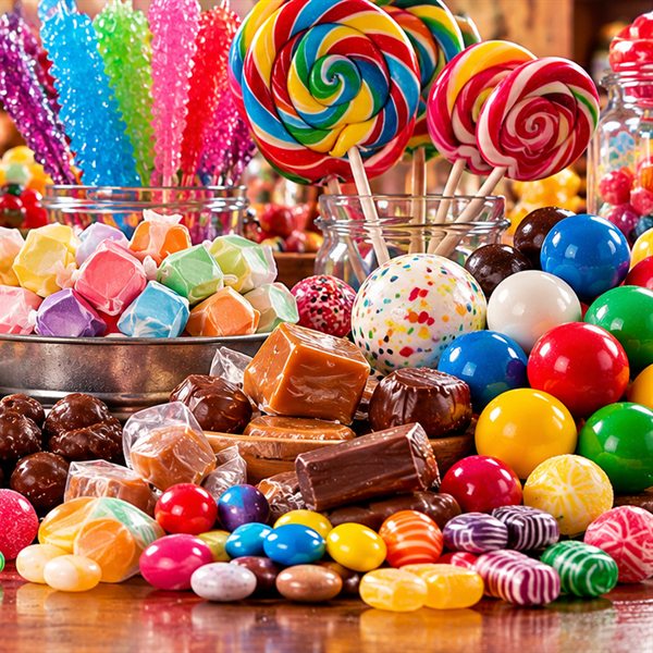 Swirl lollipops, rock candy and gumballs