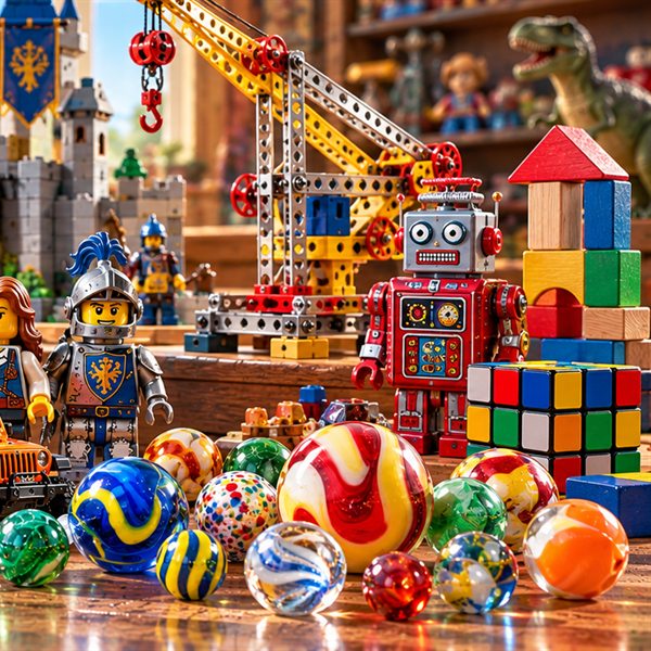 A toy robot, building blocks and glass marbles