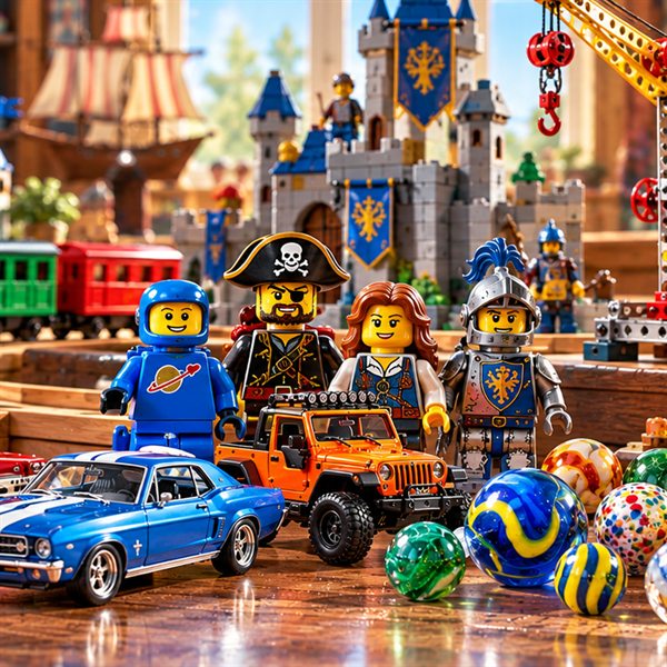 Minifigures, a die-cast car and glass marbles in front of a toy castle