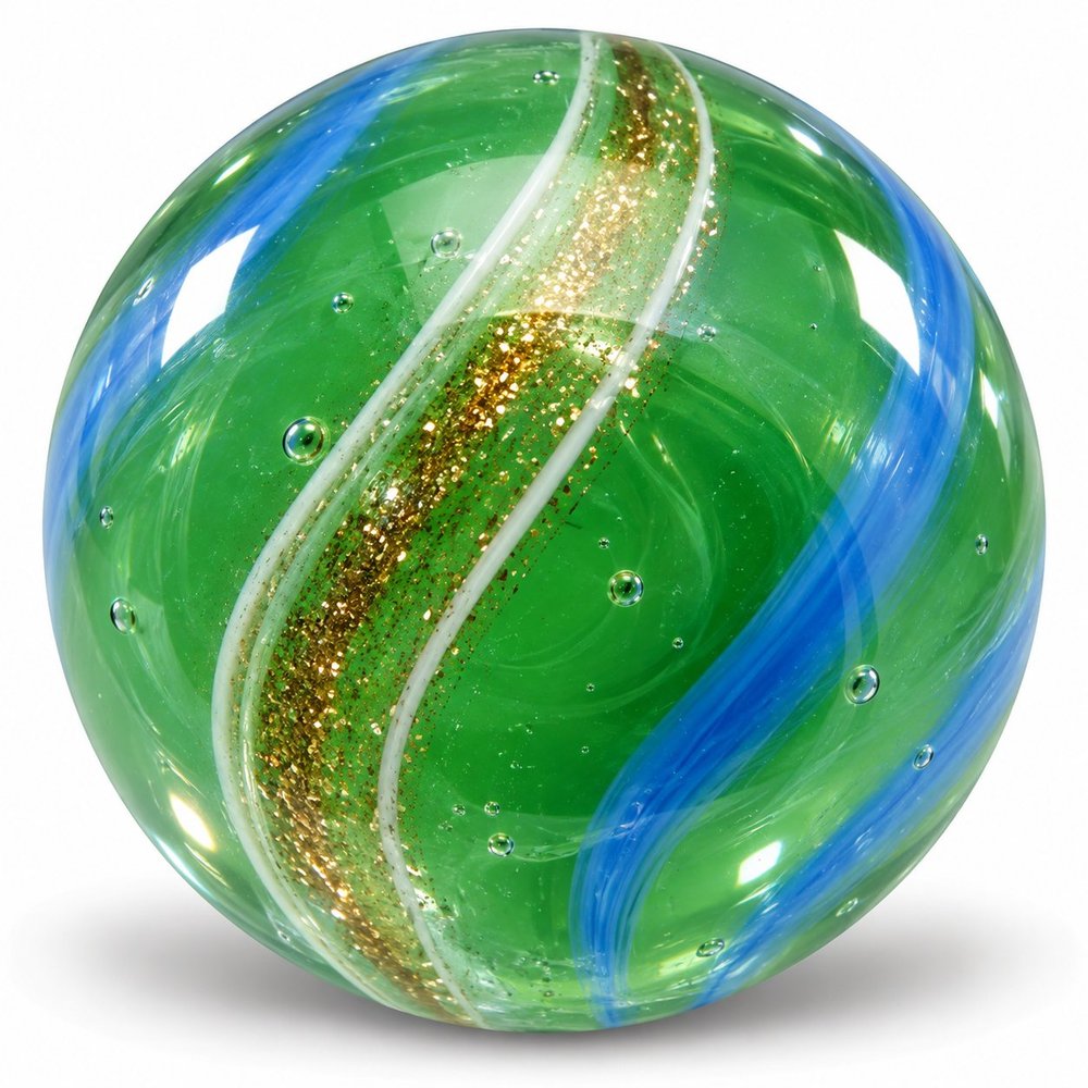 Emerald Gold Glitter Glass Marble