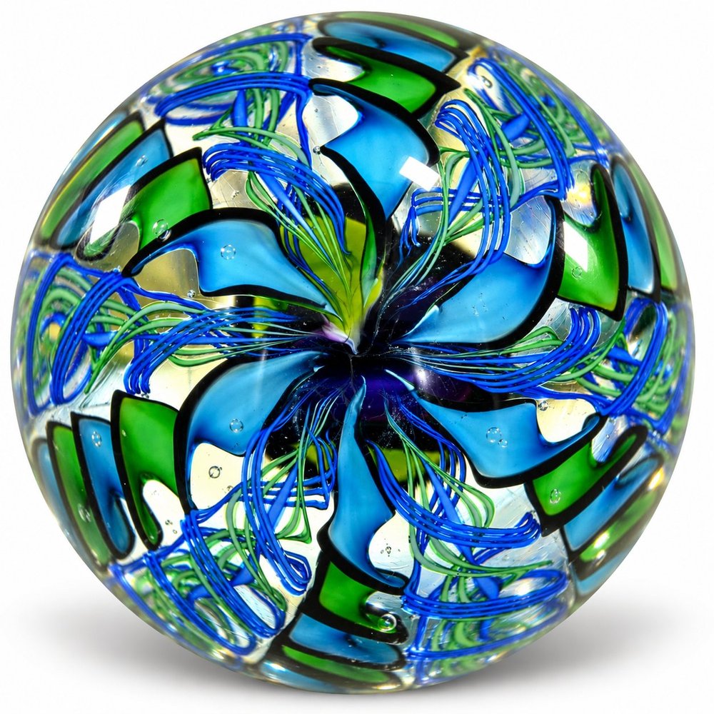 Intricate Blue Green Millefiori Glass Marble